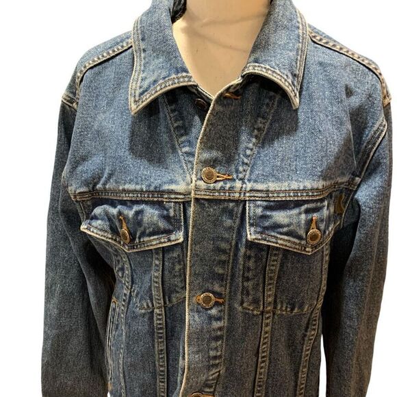 Timberland VTG 90s Jean Jacket Leather Trim Mid Wash Blue Western Trucker Men XS - Picture 4 of 11
